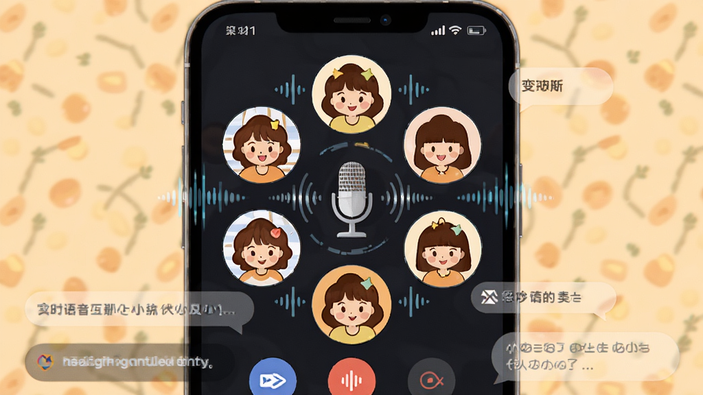 小豆豆语音实时语音互动场景,主体为手机界面展示多人连麦麦克风波动动画,布局为屏幕中央显示圆形头像阵列,排版为环形围绕,风格为科技感与温馨感结合的插画,细节包括声波纹理、变声按钮、公屏文字气泡,画质高清,干净,无多余元素。