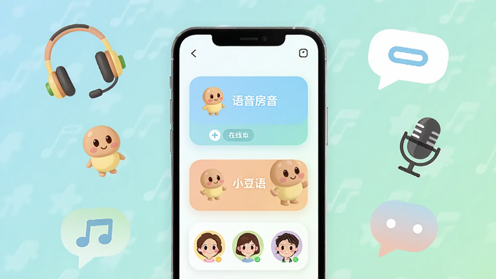 小豆豆语音聊天界面展示,主体为一部竖屏智能手机,屏幕中显示多个语音房间卡片和在线用户头像,布局为居中手机样机加四周漂浮的耳机、麦克风、聊天气泡图标,排版简洁有序,风格为清新扁平化插画,细节包括柔和的蓝绿色渐变背景、圆润的按钮和可爱的豆豆吉祥物,画质高清,干净,无多余元素。