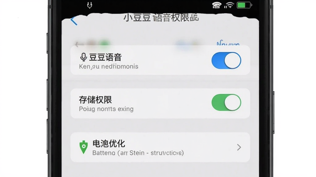 小豆豆语音安装权限设置示意图,主体为手机屏幕显示权限管理界面,布局为居中展示设置菜单,排版为列表式选项,风格为简洁的系统UI截图风格,细节包括麦克风权限开关、存储权限开关、电池优化选项,画质高清,干净,无多余元素。