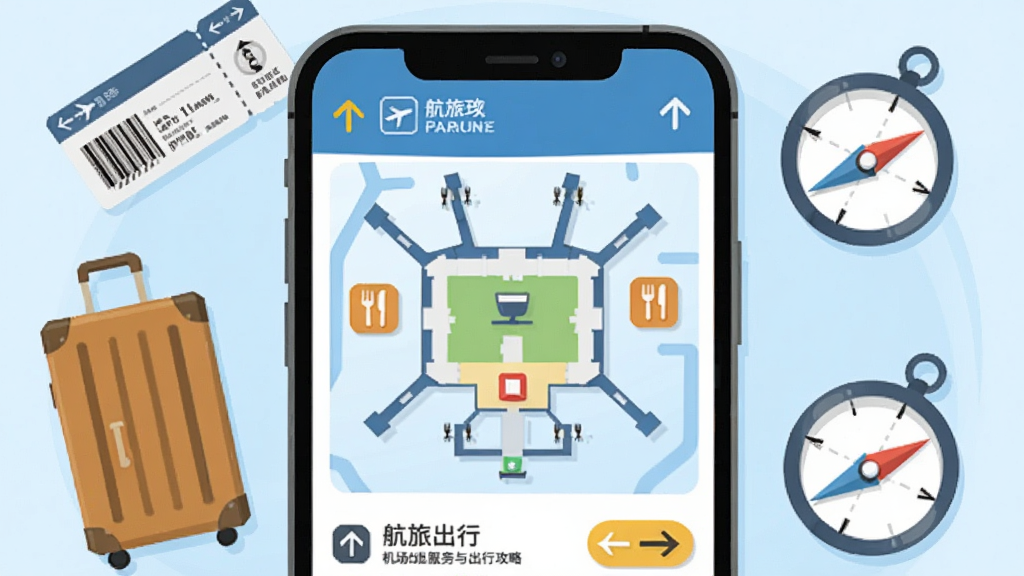 航旅出行机场服务与出行攻略页面展示,画面为手机屏幕内呈现机场航站楼地图与餐饮图标,周围环绕行李箱、登机牌、指南针等扁平化元素,布局为环绕式构图,风格为明快插画风,细节包括指示箭头与信息标签,画质清晰,画面干净,无多余元素。