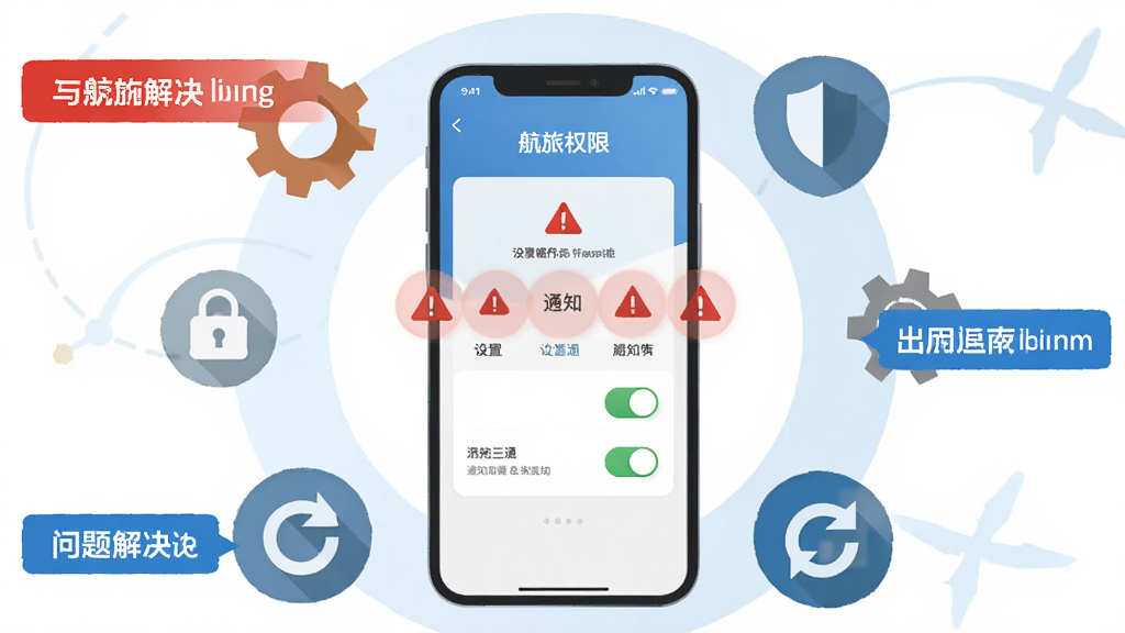 航旅出行使用指南与问题解决示意图,画面中央为手机屏幕显示设置权限界面与通知开关,周围环绕齿轮、盾牌、刷新箭头等图标,布局为环形围绕,风格为扁平化信息图,细节包括高亮标注的红色警告与蓝色提示标签,画质清晰,画面干净,无多余元素。