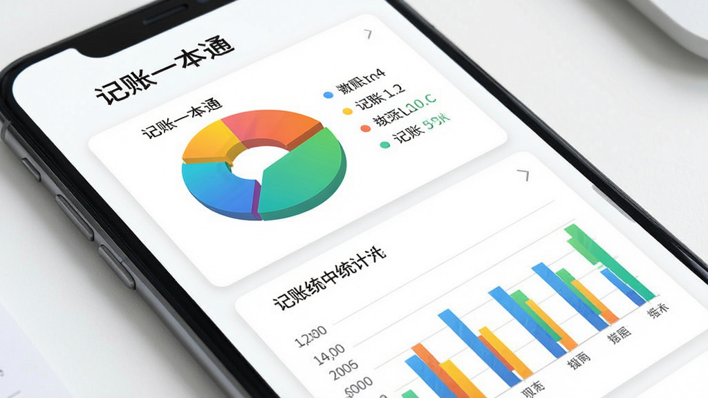 记账一本通智能统计报表页面,手机屏幕呈现彩色饼图和柱状图,数据标签清晰可见,背景为白色卡片式设计,整体风格专业简洁,画质高清,文字标注“记账一本通”