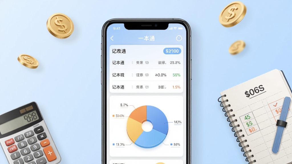 记账一本通软件主界面展示,画面中央放置一部智能手机,屏幕显示清晰的记账列表和饼状图表,背景为柔和的浅蓝色渐变,周围点缀金币、计算器、账本等财务元素,整体风格简洁现代,画质高清,干净无多余元素