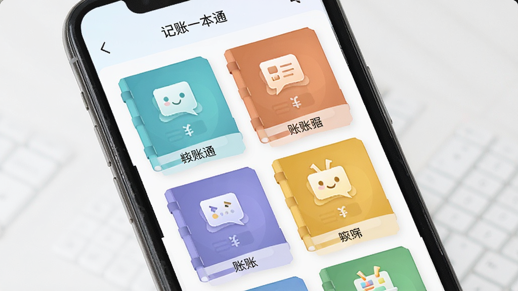 记账一本通多账本管理界面,手机屏幕显示多个彩色账本封面卡片,卡片上有不同图标和名称,布局整齐,风格清新,画质清晰,文字标注“记账一本通”