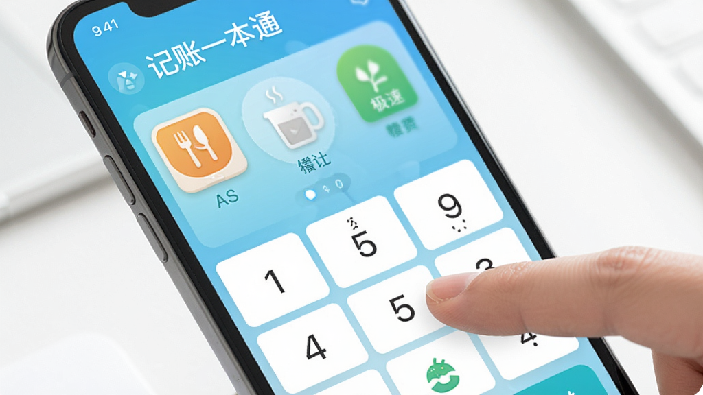 记账一本通极速记账功能界面,手机屏幕展示数字键盘和分类图标,手指正在点击餐饮图标,画面明亮清新,风格简约,文字标注“记账一本通”,画质清晰干净