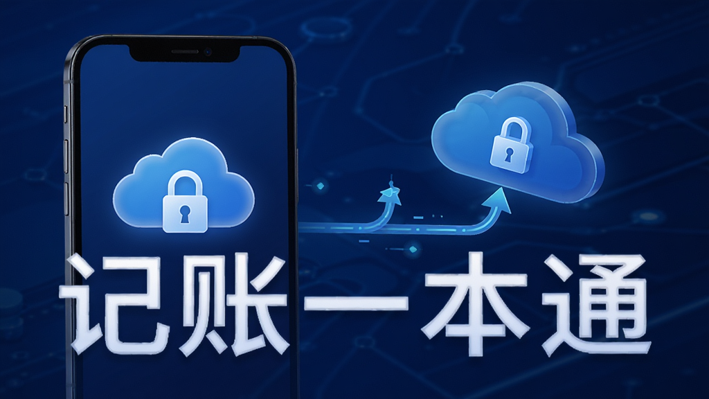 记账一本通数据安全备份功能示意图,手机屏幕显示云朵图标和锁形标志,数据流向云端,背景为深蓝色科技感渐变,风格稳重安全,画质高清,文字标注“记账一本通”