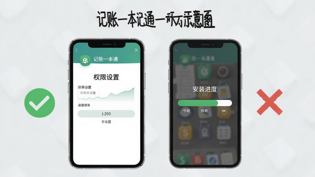 记账一本通新手操作示意图,手机屏幕显示权限设置页面和安装进度条,旁边有对勾和叉号图标,背景为浅灰色,风格简洁明了,画质清晰,文字标注“记账一本通”