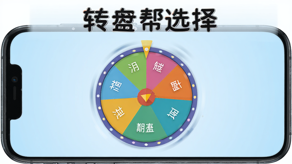 软件主界面展示图,标题文字大转盘帮选择,一个色彩鲜艳的圆形转盘在手机屏幕中央旋转,转盘分为多个扇形区域,每个区域写有不同的选项文字,背景为淡蓝色渐变,界面简洁干净,扁平化设计风格,高清画质,无多余元素