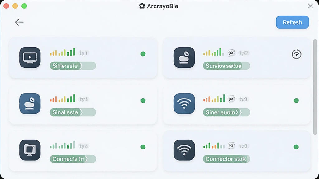 一张多设备连接管理界面图,画面展示 ArcrayoBle 软件中已连接设备列表,每个设备旁有信号强度指示和连接状态标签,顶部有刷新按钮,风格为清爽浅色,细节包括设备图标和状态点,画质高清,干净,无多余元素