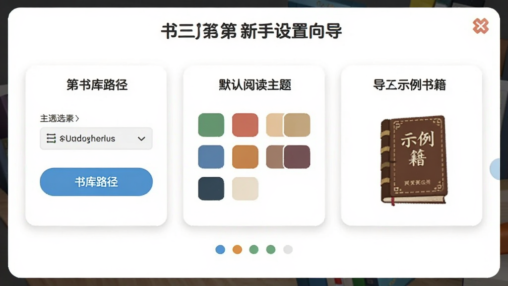 �����ŵ����������򵼽��棬����չʾһ���ֲ����ô��ڣ���һ��ѡ�����·�����ڶ���ѡ��Ĭ���Ķ����⣬����������ʾ���鼮��������ÿ�Ƭʽ���֣����Ϊ�Ѻ������磬ϸ�ڰ���·��ѡ��ť������ɫ��Ԥ��������Բ��ָʾ���������������ɾ�����