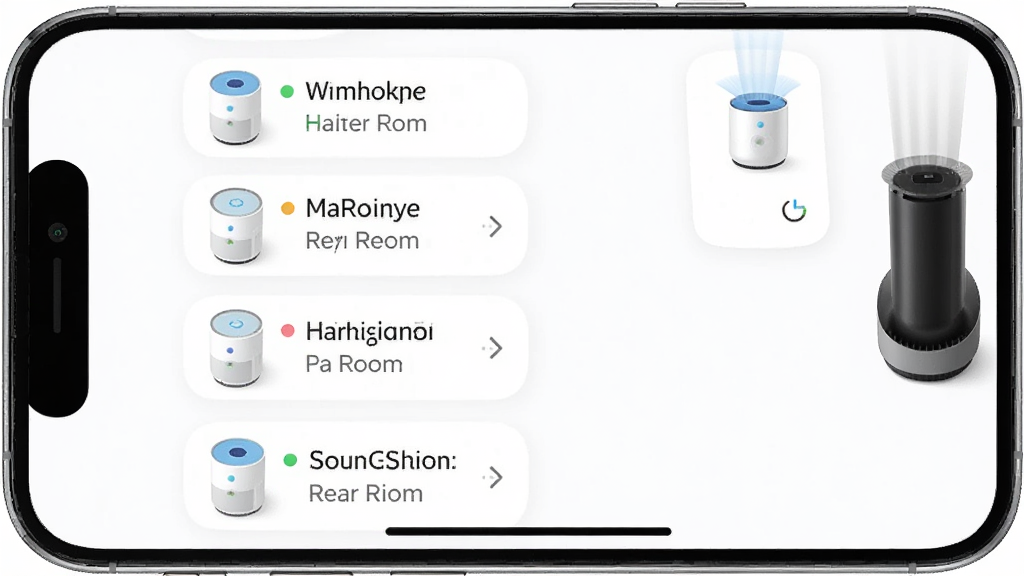 主体为手机屏幕显示多台净化器设备列表,布局为纵向列表,排版整齐,风格为柔和圆角,细节上每台设备旁有在线状态和房间名称,背景为白色,画质高清,干净,无多余元素