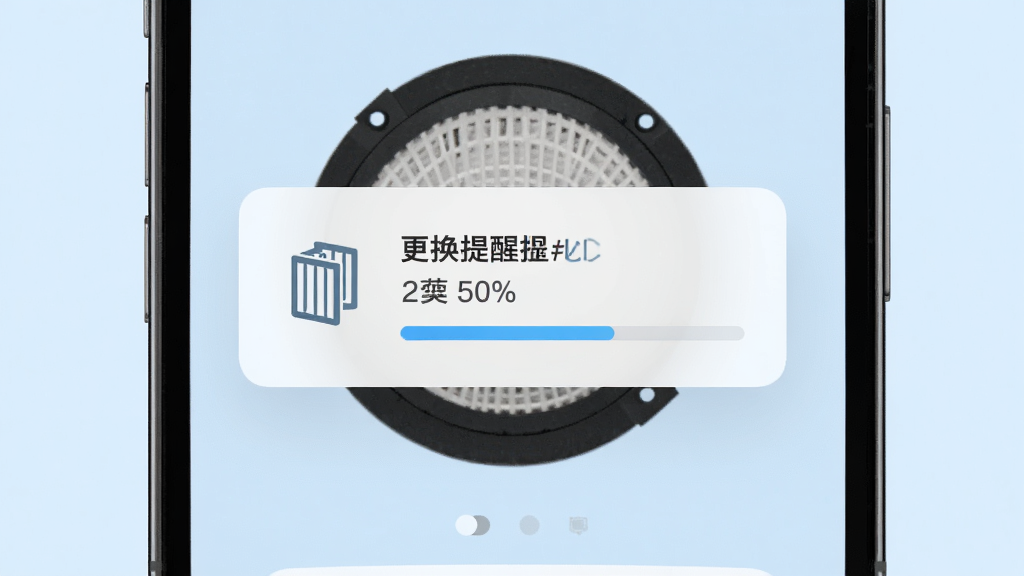 主体为手机弹出滤网更换提醒通知,布局为居中弹窗,排版简洁,风格为清新浅色,细节上包含滤网图标和百分比进度条,背景为淡蓝色,画质高清,干净,无多余元素