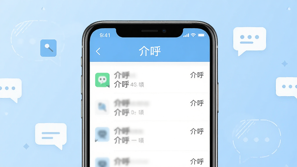一张手机屏幕正面展示介呼软件主界面的产品图,画面中央是手机,屏幕内显示“介呼”聊天列表界面,顶部有“介呼”字样,背景为浅蓝色渐变,周围有简洁的聊天气泡图标点缀,整体风格清爽扁平化,画质干净清晰,无多余元素