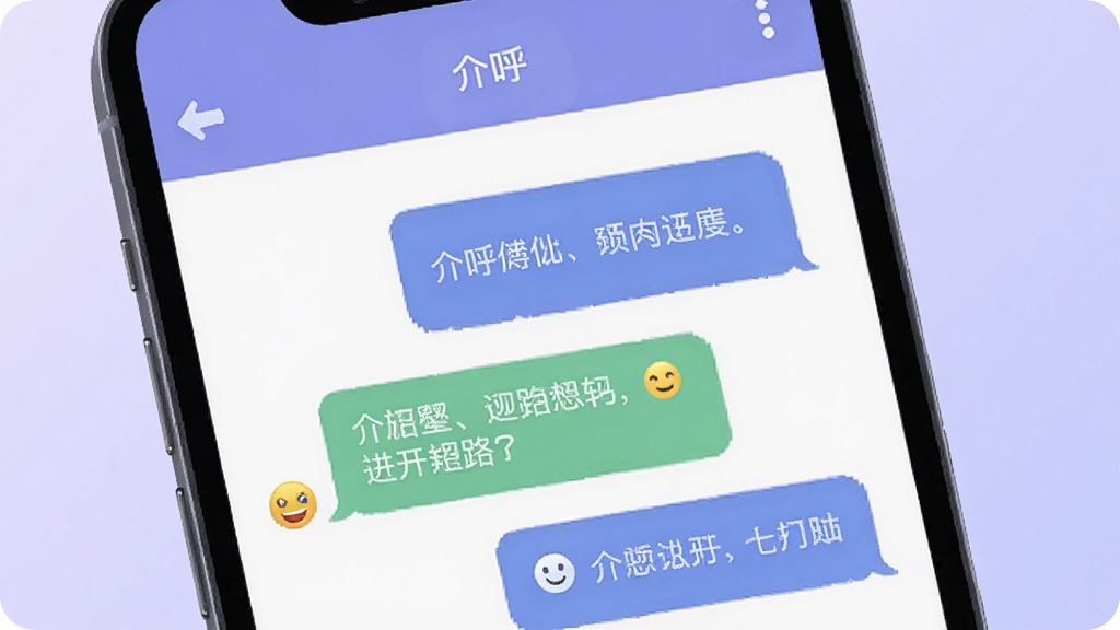 一张展示介呼软件聊天界面的AI生成图,画面为手机屏幕特写,屏幕内显示“介呼”对话框和聊天气泡,气泡内有文字和表情图标,背景为淡紫色渐变,风格为扁平插画风,细节干净,画质清晰,无多余元素