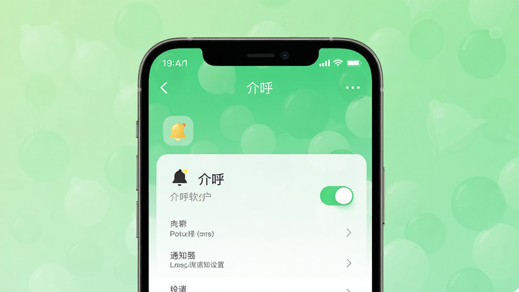 一张展示介呼软件消息通知设置的AI生成图,画面为手机屏幕显示“介呼”设置页面,页面中有铃铛图标和开关按钮,背景为浅绿色渐变,风格简洁明快,画质干净,无多余元素