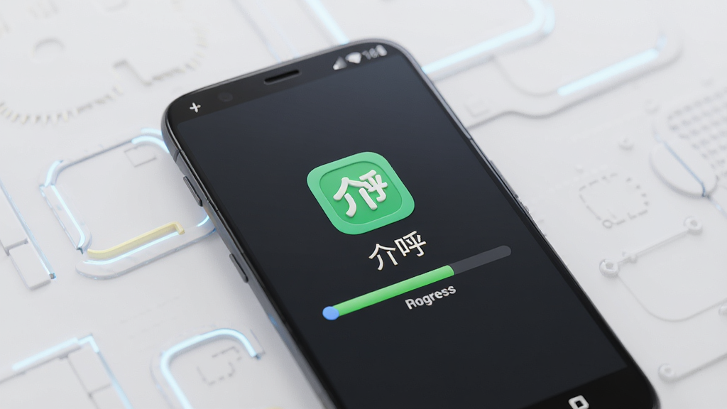 一张展示安卓手机安装介呼软件过程的AI生成图,画面为手机屏幕显示安装进度条和“介呼”图标,背景为浅灰色,风格简洁科技感,画质清晰,无多余元素