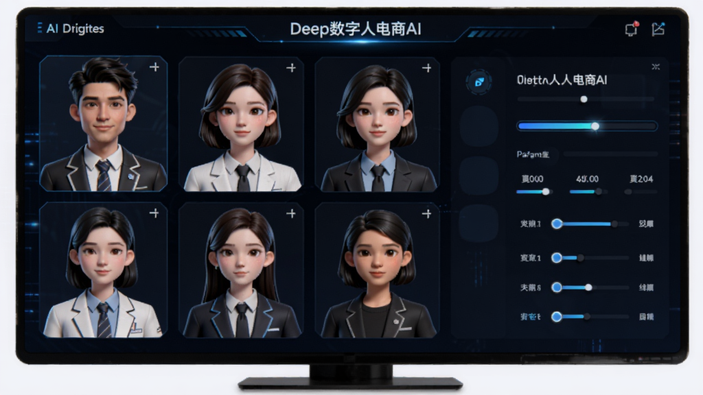 AI数字人形象生成界面,画面展示多个不同风格的虚拟人物头像排列在屏幕上,有男有女,穿着不同职业服装,旁边有生成进度条和参数调节滑块,界面风格为深色科技风,带有蓝色光效,画面中出现文字Deep数字人电商AI,细节精致,画质高清,干净,无多余元素