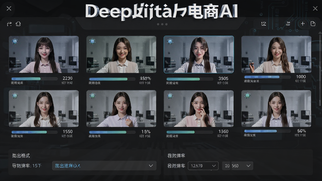 批量导出进度界面,画面中显示多个视频文件正在导出,有进度条和剩余时间提示,界面下方有导出格式和分辨率选项,背景为深灰色科技风格,屏幕上方有Deep数字人电商AI标题,画质高清,干净,无多余元素