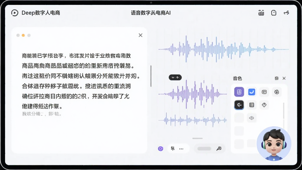 语音合成编辑界面,画面中显示一段商品文案文本,旁边有声波波形图和音色选择列表,一个数字人小头像在界面角落,整体布局清晰,风格为浅色简约风,屏幕上有Deep数字人电商AI字样,画质高清,干净,无多余元素
