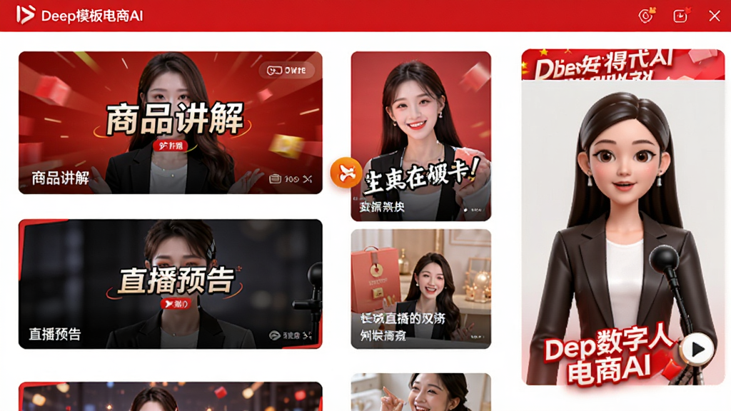 视频模板选择界面,画面中展示多个视频模板缩略图,有横屏和竖屏两种布局,每个模板上标注商品讲解、直播预告等文字,界面右侧有数字人预览窗口,整体风格为电商促销风,红白配色,屏幕上有Deep数字人电商AI标识,画质高清,干净,无多余元素