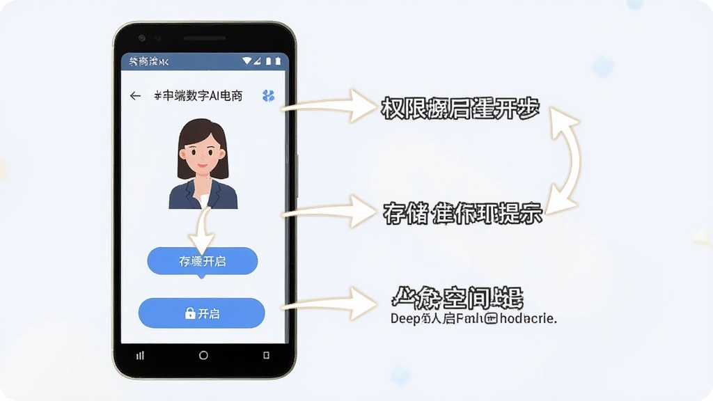 手机端操作指引示意图,画面展示一部安卓手机屏幕,屏幕上显示Deep数字人电商AI的操作步骤,有箭头指向不同功能按钮,旁边有文字标注权限开启和存储空间提示,风格为扁平化教程风,画面简洁,画质高清,干净,无多余元素