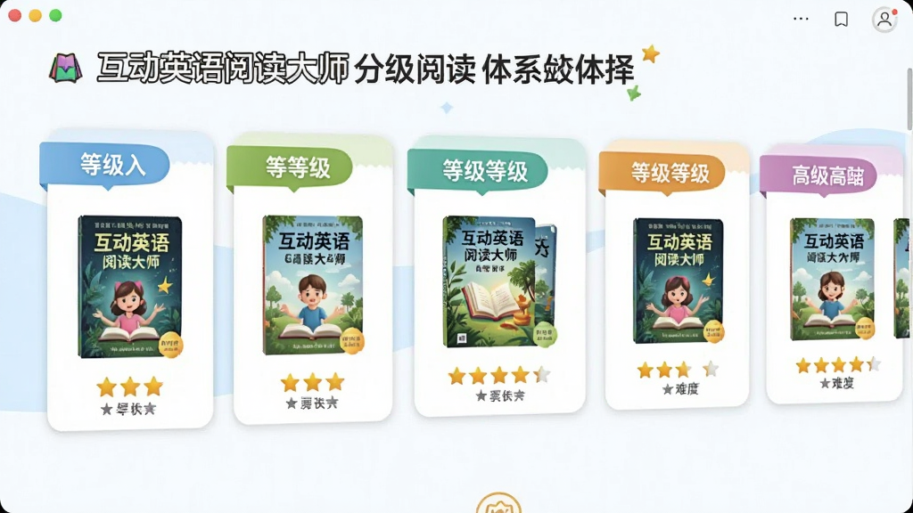 չʾ������Ӣ���Ķ���ʦ���ּ��Ķ���ϵ���棬����Ϊ�����ڵķּ�ѡ��ҳ�棬����Ϊ�������еĵȼ���Ƭ�������ŵ��߼����εݽ���ÿ�ſ�Ƭ���еȼ����ơ������鼮������Ѷ��Ǽ����Ű����룬���Ϊ���½����磬ϸ�ڰ�����ɫ�ȼ���ǩ���鼮����ͼ���Ǽ�ͼ�꣬���ʸ��壬����ɾ����޶���Ԫ��