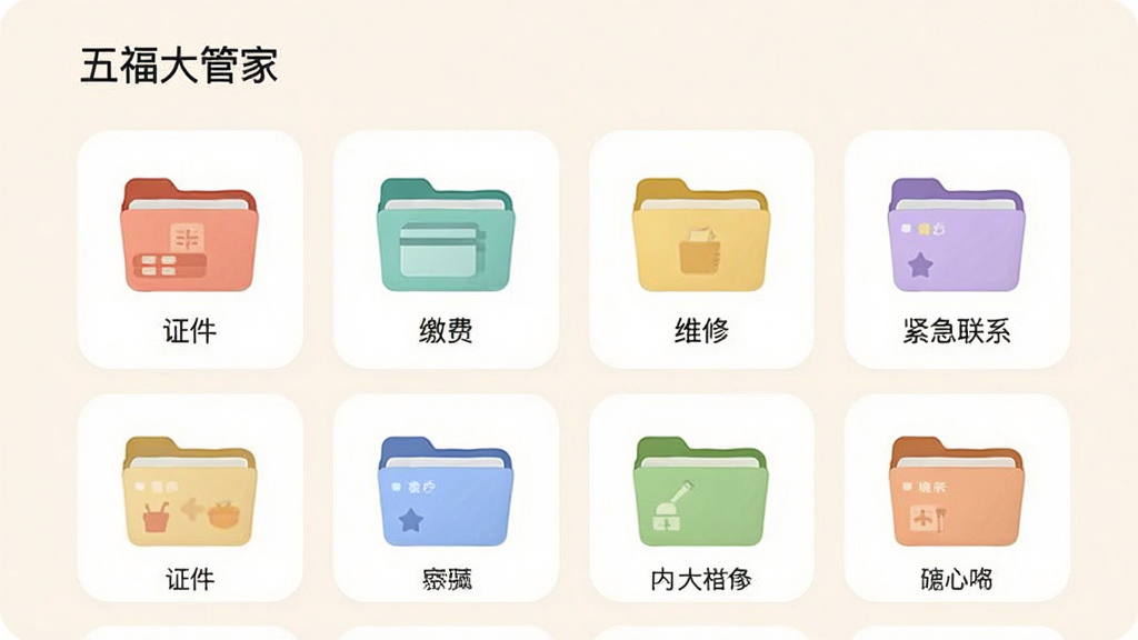 �帣��ܼ���Ϣ�鼯���棬��������Ϊ���帣��ܼҡ���Ϣ��ҳ�棬չʾ�����ļ���ͼ�꣬����֤�����ɷѡ�ά�ޡ�������ϵ�ȣ�����Ϊ�������У��Ű����룬���Ϊ���Բ����ƣ�ϸ�ڰ�����ɫ�ļ��С�ǳɫ������������ֱ�ǩ����������������ɾ����޶���Ԫ��