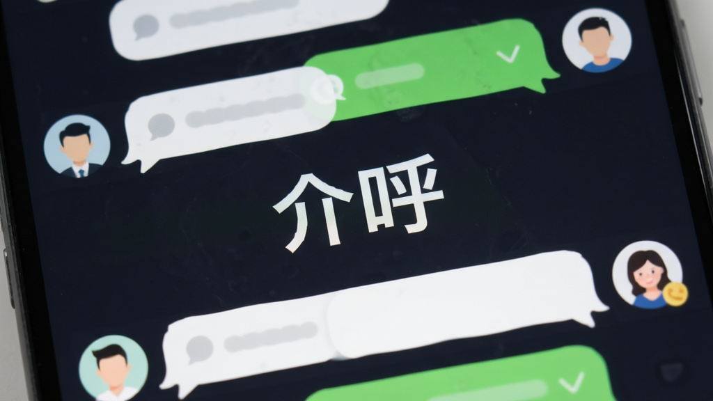 介呼软件聊天界面特写,画面中央是“介呼”字样,周围环绕圆角消息气泡和联系人头像,布局简洁,风格扁平化,细节清晰,画质干净无多余元素