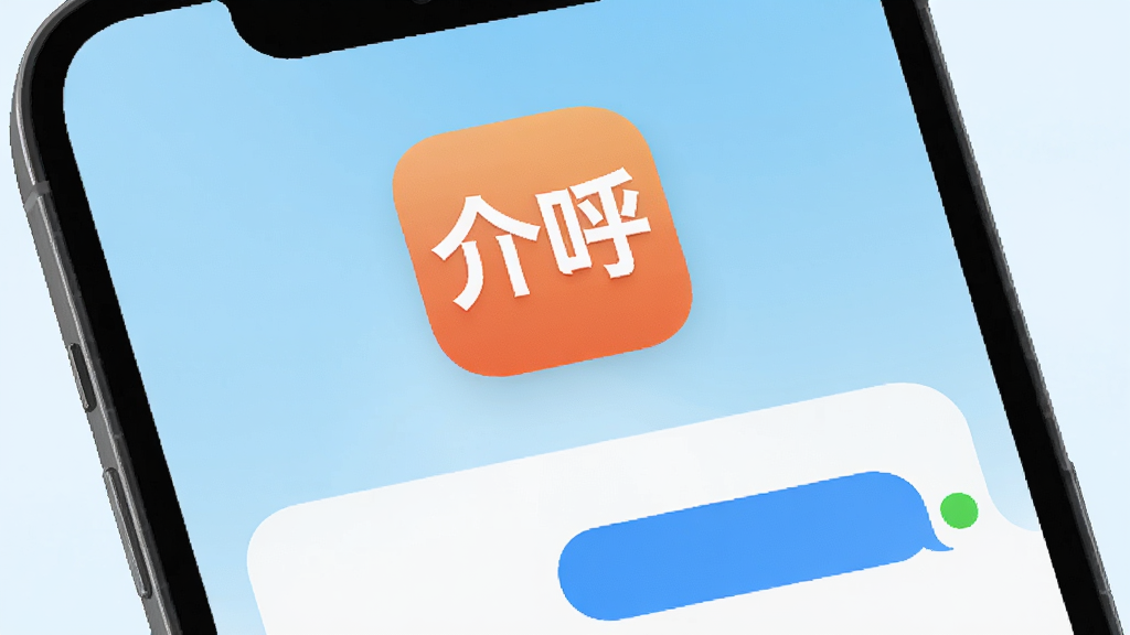 手机屏幕中央显示“介呼”应用图标,图标下方是简洁的聊天界面,背景为浅蓝色渐变,画面风格清新现代,细节包括圆角图标、消息气泡和在线状态指示点,画质清晰干净,无多余元素
