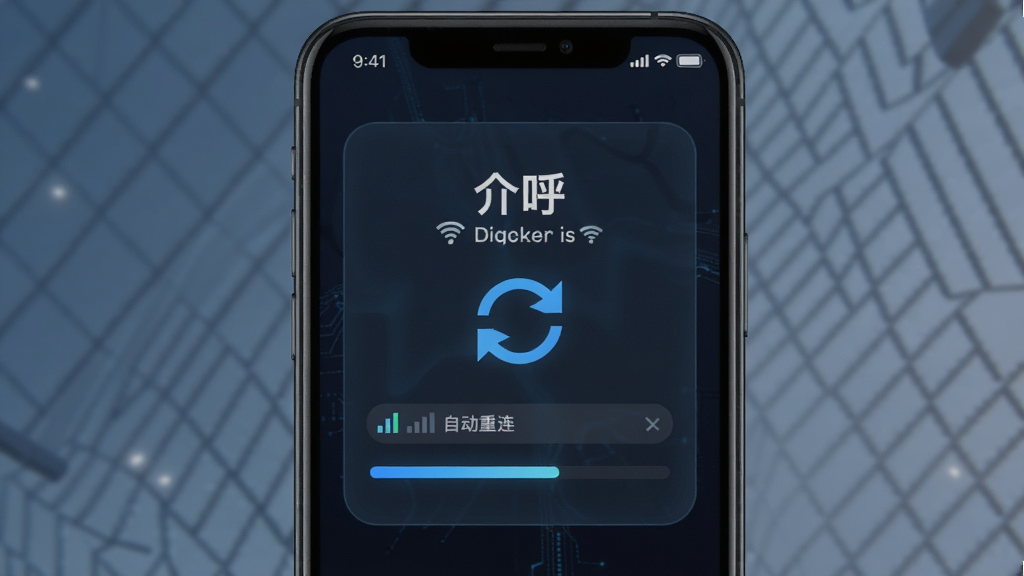 手机显示“介呼”软件在弱网环境下自动重连的提示界面,画面中有信号格和刷新箭头,风格科技感,布局居中,细节包括网络状态图标和进度条,画质清晰干净