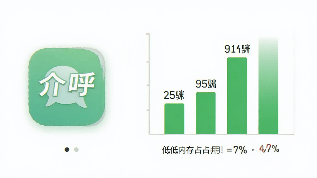 介呼软件在手机后台运行时的资源占用示意图,画面中有“介呼”图标和低内存占用的柱状图,风格数据可视化,布局简洁,细节包括百分比数字和绿色条,画质清晰干净