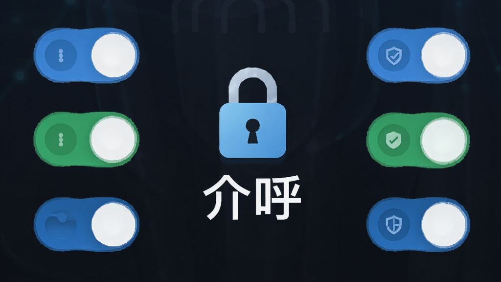 介呼软件隐私设置页面,画面中央有锁形图标和“介呼”文字,周围是开关按钮和盾牌元素,风格安全可靠,布局对称,细节清晰,画质干净