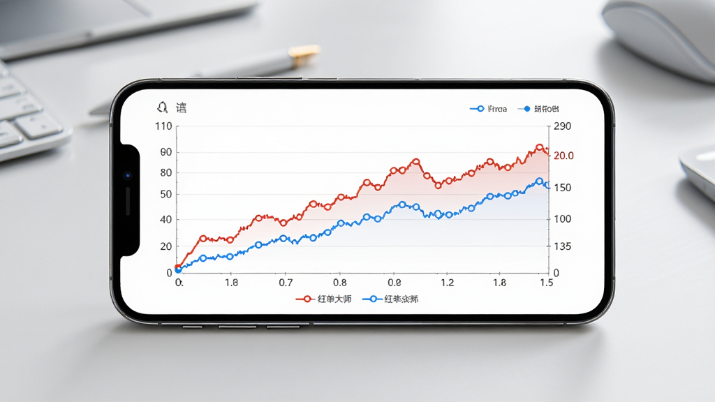 主体为一部手机横屏显示红单大师的赔率折线图界面,折线有红蓝两条,布局为手机居中,背景为浅灰色桌面,风格为简洁商务数据展示,细节包括清晰的坐标轴、数据点圆点和图例标签,画质为高清渲染,干净无多余元素。