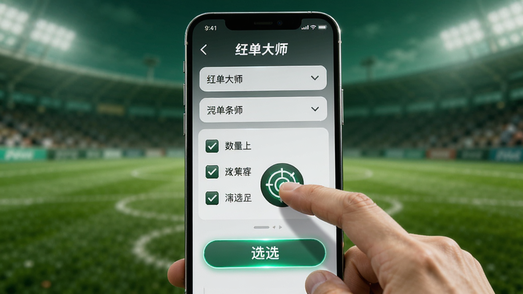 主体为手机屏幕显示红单大师的筛选条件界面,有下拉菜单和勾选框,布局为手机居中特写,背景为模糊的绿色球场,风格为运动科技感,细节包括清晰的手指点击图标、筛选按钮的高亮效果,画质为高清渲染,干净无多余元素。