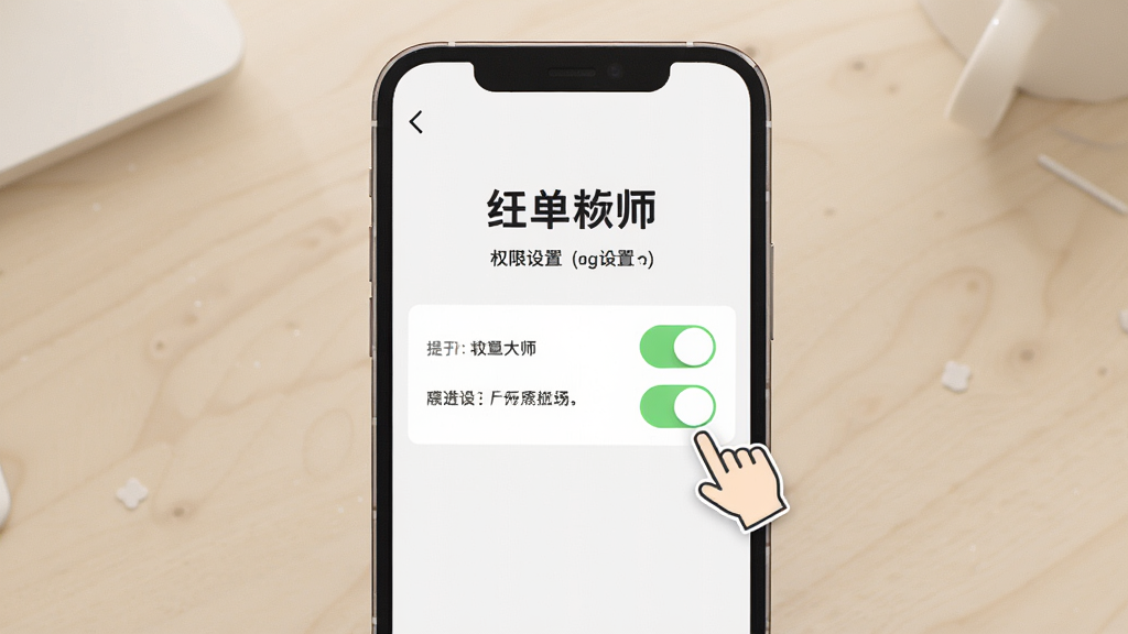 主体为一部手机显示红单大师的权限设置界面,有开关按钮和提示文字,布局为手机居中,背景为浅色桌面,风格为简洁教程图示,细节包括清晰的手指图标指向开关、界面文字可读,画质为高清渲染,干净无多余元素。
