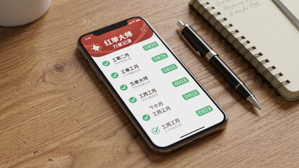 主体为一部手机屏幕显示红单大师的方案记录列表,列表中有勾选图标和日期标签,布局为手机斜放在木质桌面上,旁边有一支笔和笔记本,风格为生活化办公场景,细节包括屏幕上的文字清晰可见、桌面纹理自然,画质为高清渲染,干净无多余元素。