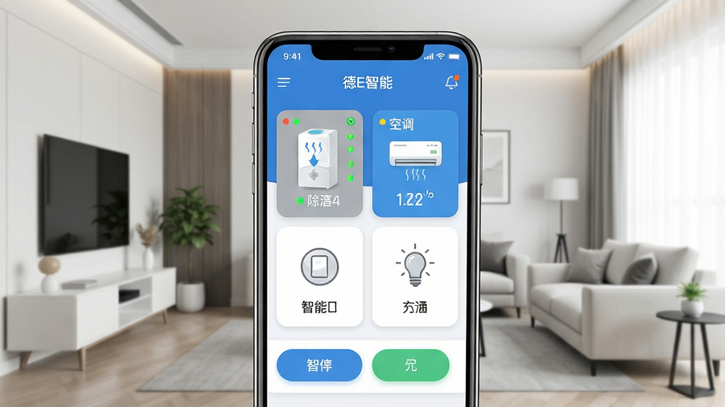 一张手机屏幕展示智能家居控制界面的图片,画面中央是手机,屏幕内显示“德E智能”应用主界面,包含除湿机、空调、智能开关等设备卡片,背景是简洁的现代家居客厅场景,风格为扁平化科技感,细节包括设备状态指示灯、温湿度数值、控制按钮,画质清晰,干净无多余元素