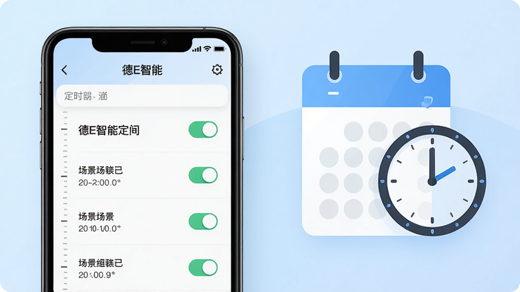 一张展示智能场景设置的界面图,画面左侧是手机屏幕显示“德E智能”的定时任务列表,右侧是日历与时钟的抽象图形,背景为浅蓝色渐变,风格为简约扁平化,细节包括时间刻度、开关图标、场景名称文字,画质清晰,干净无多余元素