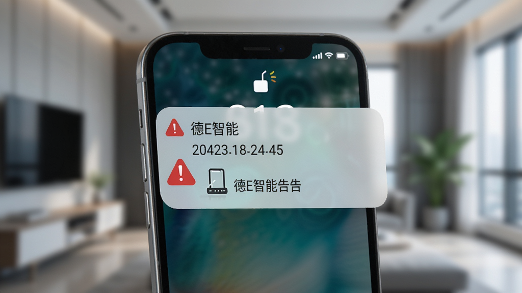 手机锁屏界面弹出“德E智能”告警通知,画面中手机屏幕显示红色感叹号与设备图标,背景是模糊的室内环境,风格为现代科技风,细节包括通知文字、时间戳、设备名称,画质清晰,干净无多余元素