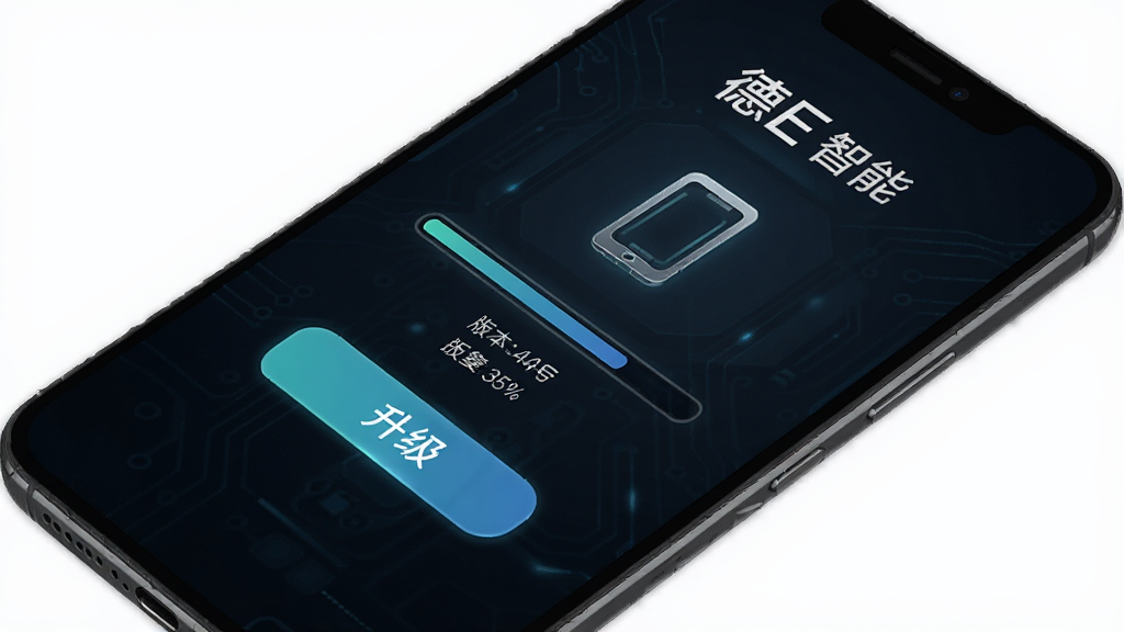 手机屏幕显示“德E智能”固件升级界面,画面中有一个进度条与设备图标,背景是深色科技感界面,风格为简约商务风,细节包括升级按钮、版本号文字、进度百分比,画质清晰,干净无多余元素