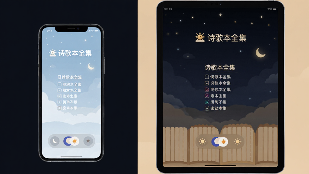 ʫ�豾ȫ��APP���ֻ���ƽ�������豸�ϵ�չʾЧ��������ֻ���ʾ�ռ�ģʽ���Ҳ�ƽ����ʾҹ��ģʽ�������չʾʫ�豾ȫ����������������ɫ��ǳɫ�ĶԱȣ����Ƽ�������ܰ�н�ϣ�ϸ�ڰ�����Ļ����Ӧͼ�������̫���л���ť�����ʸ��壬�ɾ����޶���Ԫ��