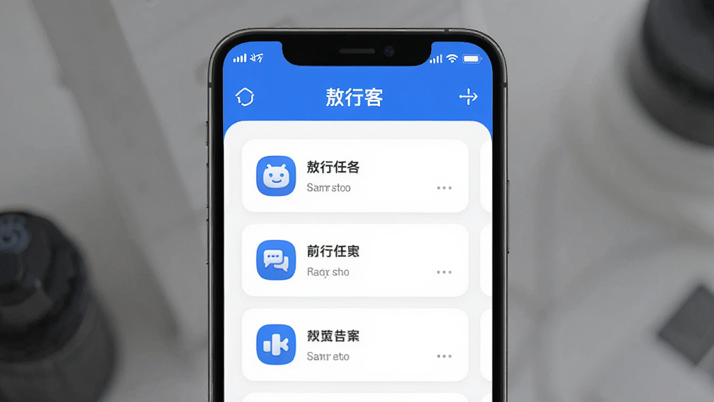 主体为一部智能手机屏幕,屏幕上显示“敖行客”应用主界面,布局为顶部导航栏加卡片式任务列表,排版简洁清晰,风格为现代扁平化科技风,细节包括蓝色主色调、圆角图标、状态栏信号与电量标识,画质高清,干净,无多余元素