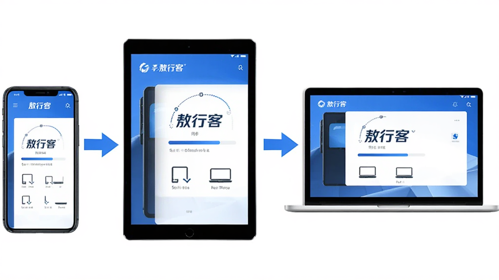 主体为三台设备并排展示,分别是手机、平板和笔记本电脑,屏幕上都显示“敖行客”的同步界面,布局为横向排列,排版强调设备间的连接箭头,风格为简约商务科技感,细节包括统一的蓝色界面、同步进度条、设备图标,画质清晰,干净,无多余元素
