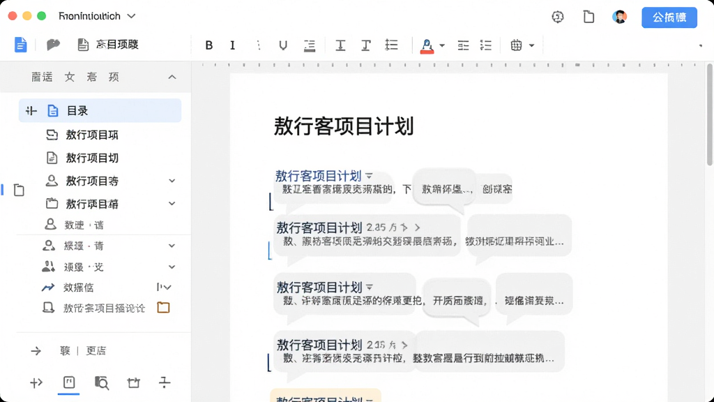 主体为一份在线文档编辑界面,文档标题为“敖行客项目计划”,布局为左侧目录右侧正文,排版清晰,风格为素雅极简,细节包括多人光标、评论气泡、工具栏图标,画质高清,干净,无多余元素
