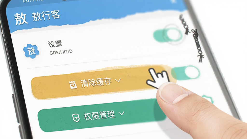 主体为一部安卓手机屏幕,屏幕上显示“敖行客”应用设置界面,布局为纵向列表,排版突出“清除缓存”与“权限管理”两个按钮,风格为移动端UI示意图,细节包括手指点击动作、设置图标、开关按钮,画质高清,干净,无多余元素