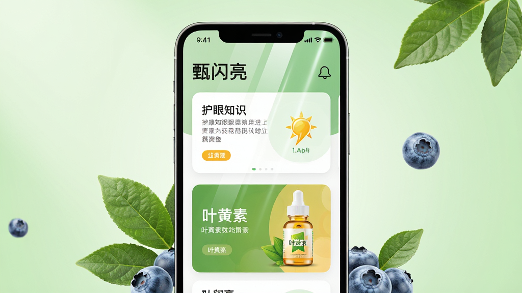 主体为一部智能手机,屏幕上显示着“甄闪亮”App的首页界面,界面中有护眼知识卡片和叶黄素产品展示图;布局为手机居中放置,背景为柔和的浅绿色渐变;排版简洁,手机周围环绕着几片绿叶和蓝莓元素;风格为清新健康科技风;细节上手机屏幕有轻微反光,界面图标清晰;画质高清,干净,无多余元素