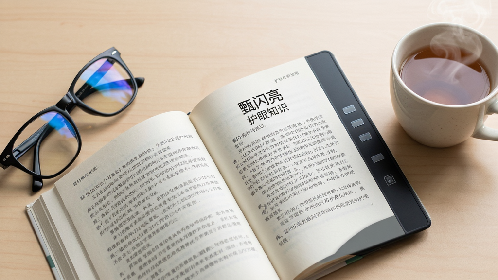 主体为一本翻开的电子书,书页上显示着“甄闪亮”护眼知识文章,旁边有一副防蓝光眼镜和一杯热茶;布局为书本居中,眼镜和茶杯分别位于左右两侧;排版采用三分法构图;风格为温馨阅读风;细节上书页有文字排版,眼镜有轻微反光;画质清晰,干净,无多余元素