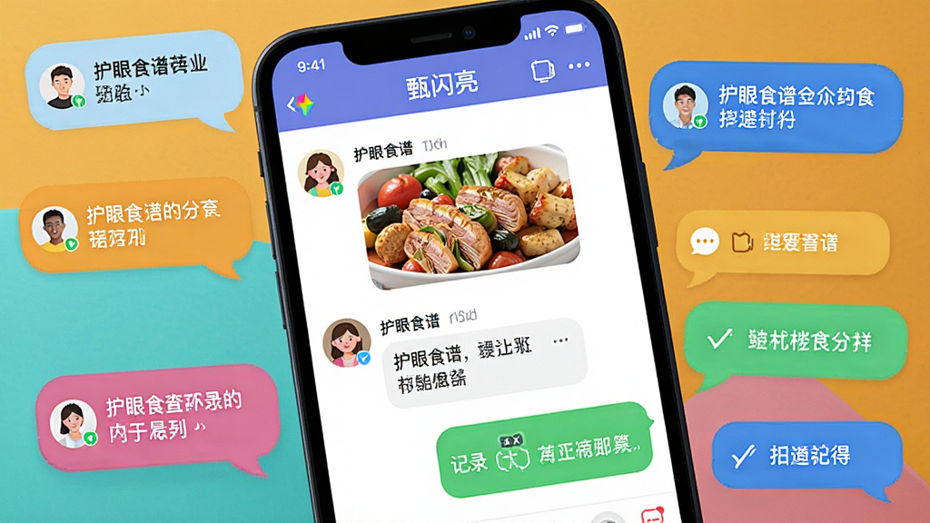 主体为一群人在手机屏幕上通过“甄闪亮”App进行社群聊天,聊天界面显示着用户分享的护眼食谱和打卡记录;布局为手机屏幕特写,周围有多个对话气泡;排版活泼,色彩丰富;风格为社交互动风;细节上对话气泡有头像和文字,界面友好;画质清晰,干净,无多余元素