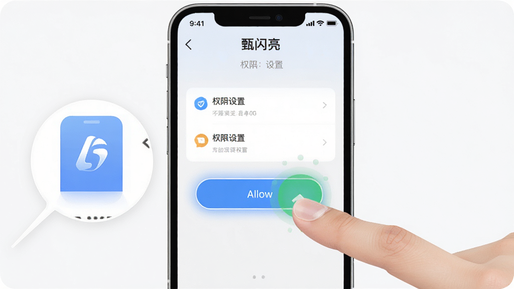 主体为一部手机屏幕显示“甄闪亮”App的权限设置界面,旁边有手指点击允许按钮的示意图;布局为手机居中,手指从右侧伸入点击屏幕;排版清晰,界面元素放大展示;风格为教程指引风;细节上按钮有高亮效果,文字说明简洁;画质高清,干净,无多余元素