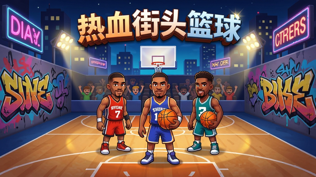 热血街头篮球游戏主界面,画面中央是卡通风格的街头篮球场,四周环绕涂鸦墙与霓虹灯牌,球场中央站着三位身穿不同颜色球衣的球员,背景有观众席与城市夜景,布局采用中心对称构图,排版上游戏名称“热血街头篮球”以立体艺术字置于画面上方,风格为美式卡通渲染,细节包括篮球纹理、球员表情、灯光光晕,画质高清,干净,无多余元素